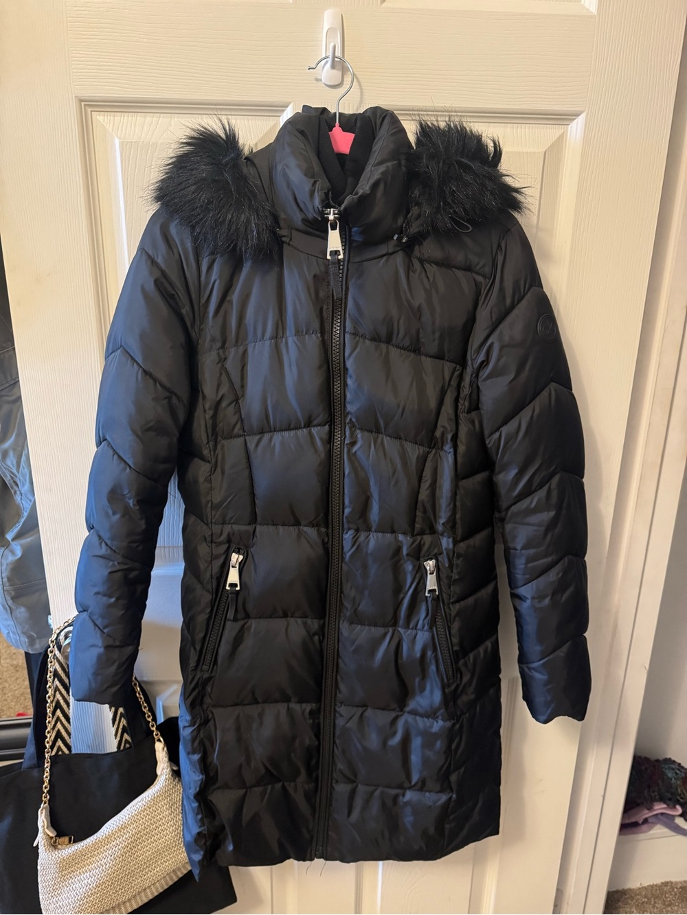 Calvin Klein Black Long Puffer Coat with Faux Fur Trim